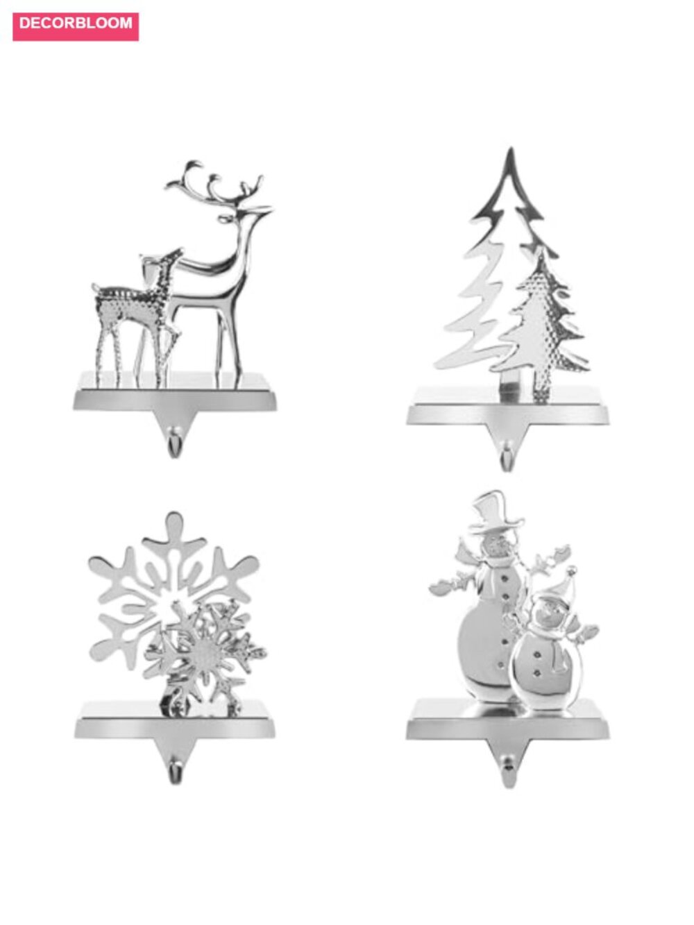 Christmas Stocking Holders Set of 4 Metal Mantel Hooks Reindeer Snowman Tree
